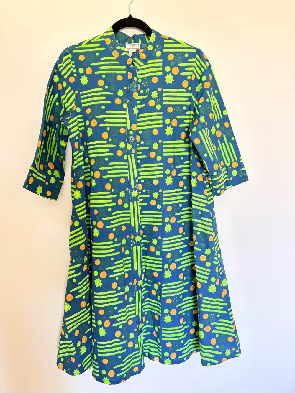 Zuri Button Down Shirt Dress Made In Kenya M Long Geometric 3/4 Sleeves Pockets